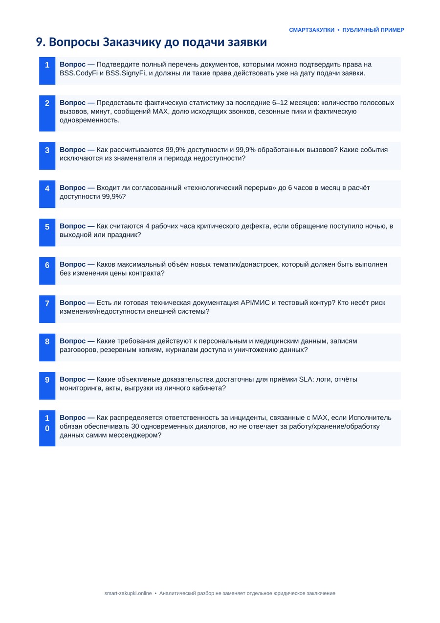Страница 10 публичного анализа — вопросы заказчику